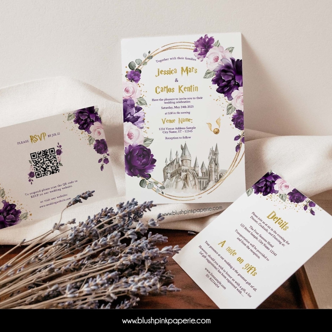Editable Purple and Gold Wedding Invitation Suite | Wizard Theme ...