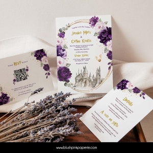 May include: Purple and white floral wedding invitation with a gold border and a watercolor illustration of Hogwarts castle. The invitation includes the names Jessica Mar's and Carlos Kentin, the wedding date, and the venue name. The RSVP card includes a QR code.