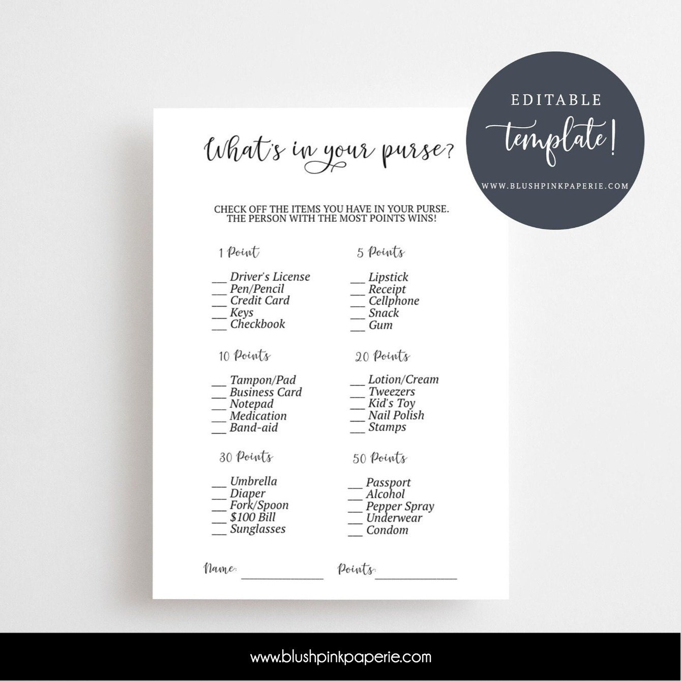Editable What's in Your Purse Baby Shower Game, Editable Baby Shower ...