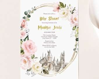 May include: Baby shower invitation featuring a gold frame with watercolor roses and greenery. The invitation includes the text "Baby Shower" and the name "Monique Jewls". The date and time are also included, along with RSVP information.