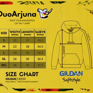 Peut inclure: Tableau des tailles pour un sweat &agrave; capuche Gildan 18500. Le tableau indique la largeur, la longueur et la longueur des manches en pouces pour les tailles S, M, L, XL et 2XL. Le tableau est sur un fond jaune avec un motif floral.