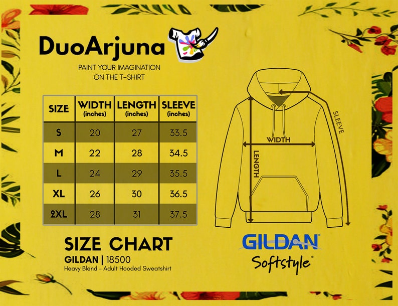 Peut inclure: Tableau des tailles pour un sweat &agrave; capuche Gildan 18500. Le tableau indique la largeur, la longueur et la longueur des manches en pouces pour les tailles S, M, L, XL et 2XL. Le tableau est sur un fond jaune avec un motif floral.