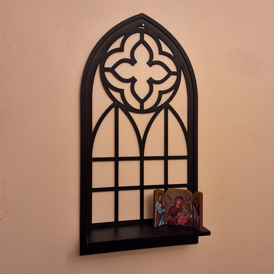 Gothic Window-inspired Wall Shelf | Black Wooden Cathedral Arch Wall ...