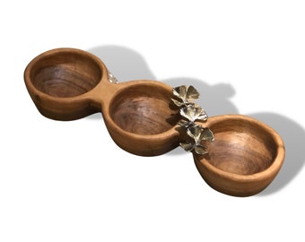 Wooden snack bowl , with Ginko leave ,  3 Compartment serving  tray , walnut wood snack bowl , wooden serving plate , brass object