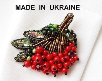 Ukraine viburnum pin, Designer berries Brooch, Guelder rose beaded brooch, Patriotic handmade gift ,Vegan original eco gift, Ukraine jewelry