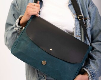 Waxed canvas and leather crossbody messenger bag,Women messenger,Waterproof bag,Shoulder bag