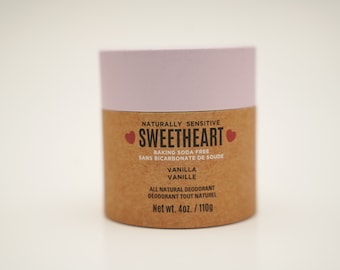 All Natural Deodorant, 100g 4 OZ,  Paper Jar lasts 6-8 Months. Naturally Sensitive Sweetheart. Vanilla,  Baking Soda Free. Clean and pure