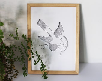 Könnte beinhalten: Ein gerahmter Schwarz-Weiß-Kunstdruck mit einer stilisierten Taube, die einen Zweig trägt. Das Kunstwerk befindet sich in einem hellen Holzrahmen und wird vor einer weißen Wand präsentiert. Eine grüne Pflanze befindet sich im Vordergrund.