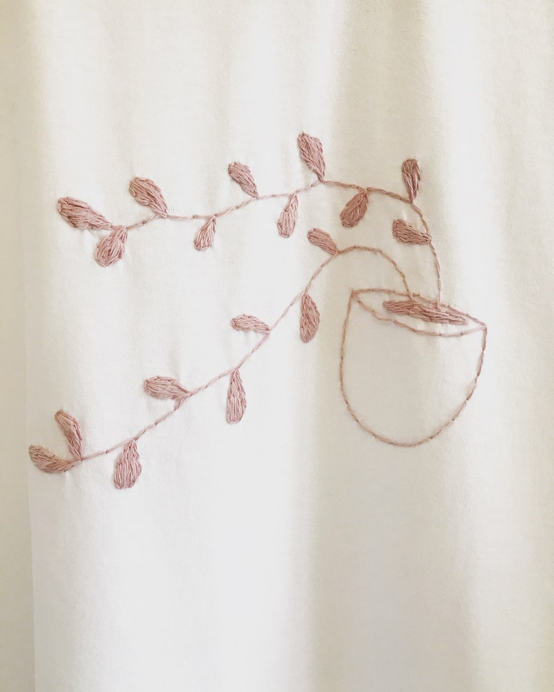 Hand embroidered T-shirt Small pot with lila plants
