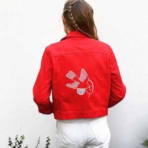 100% cotton hand-embroidered denim jacket - You and me - Unique piece, size S