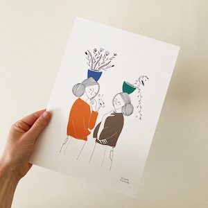 May include: A black and white line drawing of two people with plants on their heads. The people are wearing orange and brown sweaters and are looking at each other. The text "Delicate Miniature" is at the bottom of the image.