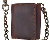 Brown Vintage Cowhide Leather Mens Biker 39 s Chain Wallet Trucker Motorcycle RFID Blocking Bifold Trifold