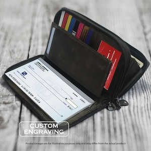 Engraved Genuine Leather Checkbook Wallet: Credit Card Organizer-Personalized Gift