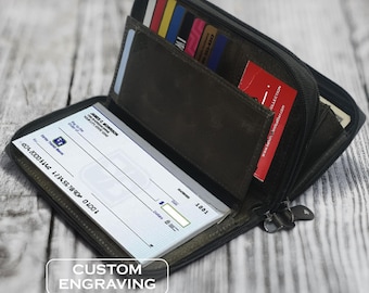 Engraved Genuine Leather Checkbook Wallet: Credit Card Organizer-Personalized Gift