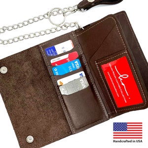 Cartera de motociclista de cuero de grano superior, 100 % hecha a mano, porta tarjetas de identificación y crédito, billetera de camionero de cuero genuino para hombre, hecha en EE. UU.
