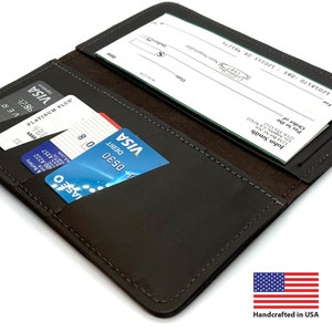 Top Grain Leather 100% Handmade Checkbook Wallet, Organizador de titular de tarjeta, Secretary Wallet Men's Leather Slim Wallet, Made In USA