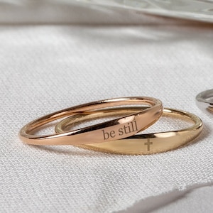 Tiny Cross Ring 14K 18K Real Gold, Personalized Custom Engrave Minimalist Stackable Ring, Christian Be Still Ring, Faith Ring Gift For Her