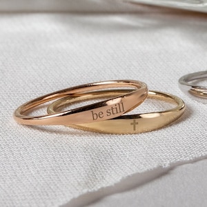 Tiny Cross Ring 14K 18K Real Gold, Personalized Custom Engrave Minimalist Stackable Ring, Christian Be Still Ring, Faith Ring Gift For Her