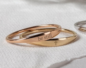 Tiny Cross Ring 14K 18K Real Gold, Personalized Custom Engrave Minimalist Stackable Ring, Christian Be Still Ring, Faith Ring Gift For Her