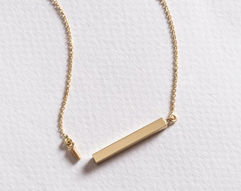Cremation Urn Horizontal Bar Necklace Genuine 14K 18K Gold, Engrave Dad&#39;s Mom&#39;s Handwriting Memorial Urn Necklace for Ashes, 4 Side Engrave