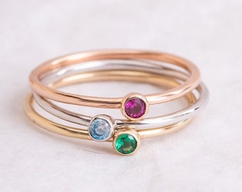 Stacking Band Ring with Birthstones 14K 18K Solid Gold, Custom Simple Band Ring is Available Single Double or Triple, Perfect Gift For Women