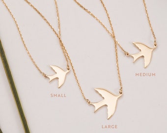 Swallow Necklace Real 14k Gold, Sideways Bird Necklace, Dainty Flying Birds Necklace, Delicate Swallow Solid Gold Necklace is Gift For Her