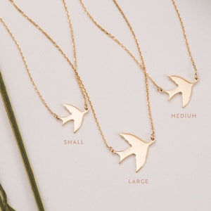 Swallow Necklace Real 14k Gold, Sideways Bird Necklace, Dainty Flying Birds Necklace, Delicate Swallow Solid Gold Necklace is Gift For Her