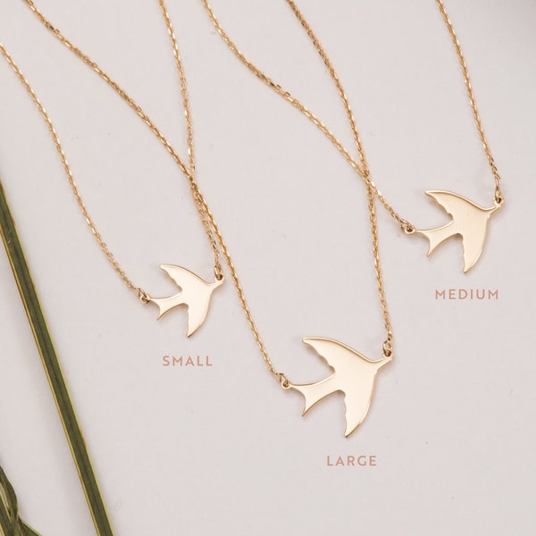 Swallow Necklace Real 14k Gold, Sideways Bird Necklace, Dainty Flying Birds Necklace, Delicate Swallow Solid Gold Necklace is Gift For Her