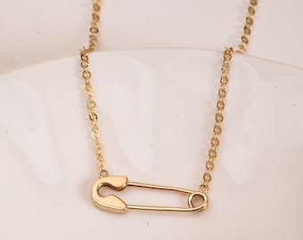 Safety Pin Necklace 14K Real Solid Gold, Modern Geometric Necklace Perfect for Minimalist Look, Safety Pin Charm Layering Pendant For Women