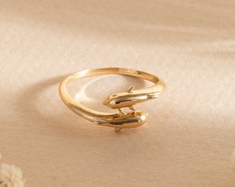 Dolphin 14K 18K Solid Gold Ring, Dolphin Wrap Ring, Twin Dolphin Open Ring, Dainty Fish Ring, Two Head Dolphin, Perfect Gift To Nature Lover