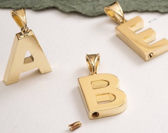 Initial Letter Urn Pendant Ashes Holder 14K 18K Solid Gold, Custom Memorial Personalized A-Z Letter Cremation Ashes 3D Charm