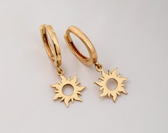 Sun Earrings 14K or 18K Real Gold, Solid Gold Daystar Earring With Color Options, Elegant Sunshine Earrings For Everyday Use, Gift For Her