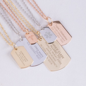 2 Side Engraved Medical Alert Solid 14k 18k Gold Pendant, Personalize Med ID Dog Tag Pendant, Medical Alert SOS Pendant For Him Her For Kids