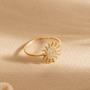 Cz Stone Sunburst Ring 14K 18K Real Gold, Boho Style Minimalist Sunshine Ring, Everyday Jewelry, Celestial Ring, Dainty Sun Ring, Best Gift image 1
