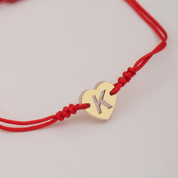 Mother Of Pearl Heart Bracelet, 14K 18K Real Solid Gold Initial Bracelet, Couple Bracelet, Tiny Letter Red String Bracelet, Anniversary Gift