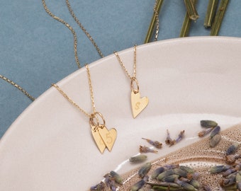 Personalized Heart Necklace Real Gold 14K, Gold Heart Tags for Mom Friends, Tiny Heart Initial Pendant Necklace gift for Her, kids initials