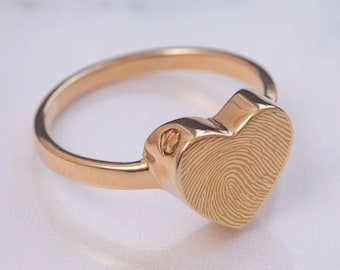 Fingerprint Engraved Heart Urn Ring 14K 18K Real Gold, Custom Cremation Heart Ring, Elegant Personalized Ring, Signet Urn Ring For Loved