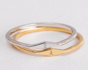 Personalized Tiny Signet Ring 14K 18K Real Gold, Custom Letter Initial Engraved Ring, Custom Name Midi Ring, Stacking Letter Ring For Her