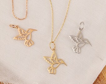 Zierliche Vogel Halskette 14K 18K Massivgold, Zarte Kolibri Charme, Handgefertigte Vogel Anhänger für Naturliebhaber, Kleine Vogel Anhänger, Geschenk für Sie