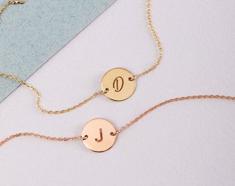 Custom Initial Bracelet 14K Solid Gold, Round Disk Charm Bracelet, Personalized Bracelet for Mothers, Custom Engravable Disc, Valentine Gift