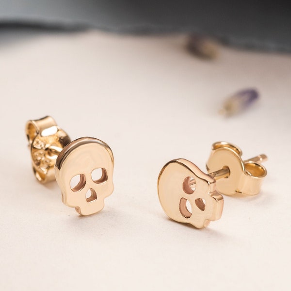 Skull Stud Earrings (pair) 14K Solid Gold, Minimalist Skull Stud Earrings,  Mini Anatomy & Science Earrings Mother's Day Gift For Her