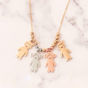 Boy & Girl Charm Necklace 14K Real Gold, Customized Necklace for Mothers, 1 2 3 4 5 Kids Solid Gold Charms, Personalized Family Kids Charms