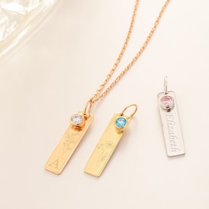 Birth Flower Birthstone Pendant 14K or 18K Solid Gold, Elegant Custom Engrave Birthstone Floral Necklace, Personalized Name Daily Necklace