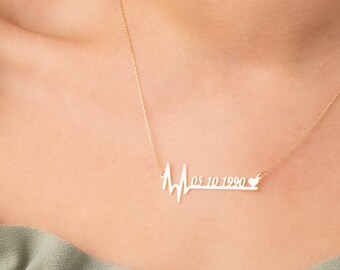 ハートビート デート ネックレス 14K 18K リアルゴールド、カスタマイズ可能な医師へのギフト、医学生向けの小さな脈拍ネックレス、パーソナライズされたハートビート ジュエリー
