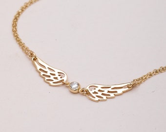 Wing Bracelet Real Gold In 14K 18K Bracelet, Angel Wing and Birthstone Bracelet, Two Wing Bracelet, Gift For Mother, Gift For Your Angel