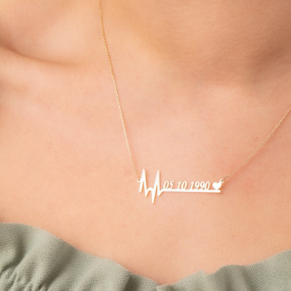 Heartbeat Date Necklace 14K 18K Real Gold, Customize Doctor Gift, Tiny Pulse Necklace for Medical Student, Personalized Heart Beat Jewelry