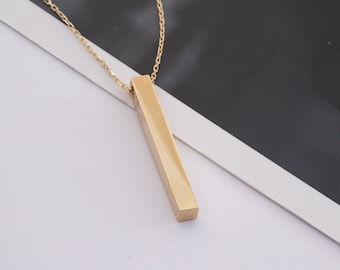 Collar con barra lateral de 4 lados grabado a medida en oro auténtico de 14K o 18K, collar vertical de oro auténtico con coordenadas y nombre personalizado, colgante conmemorativo.