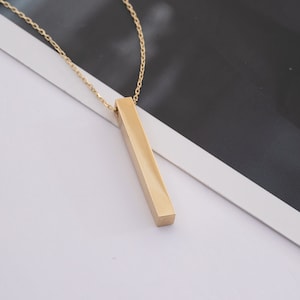 Custom Engrave 4 Side Bar Necklace 14K or 18K Real Gold, Personalized Name Coordinate Vertical Real Gold Necklace, Memorial Pendant Gift