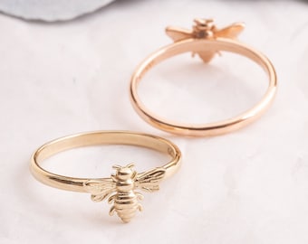 Bee Ring in 14k 18k Solid Gold, Stacking Real Gold Ring, Honeycomb & Bee Ring Set, Honey Bee Ring, Bee Lover Ring, Birthday Gift For Her