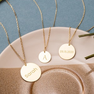 Custom Engraved Disc Necklace 14K Real Gold, 2 Side Engravable Disk Pendant Necklace, Custom Name Inital Date Personalized Disc Necklace image 1